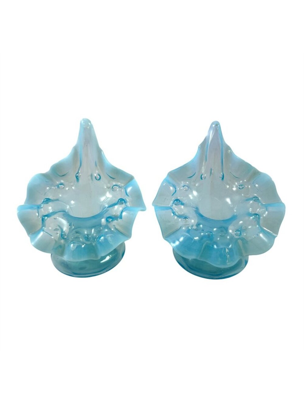 Pair of Jack in the Pulpit Squat Vases Candle Holders Blue Opalescent Vtg 1920s
